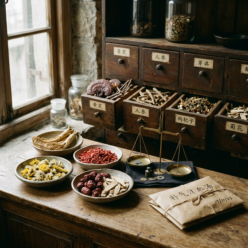 Traditional Chinese herbal apothecary jars used in TCM wellness practice