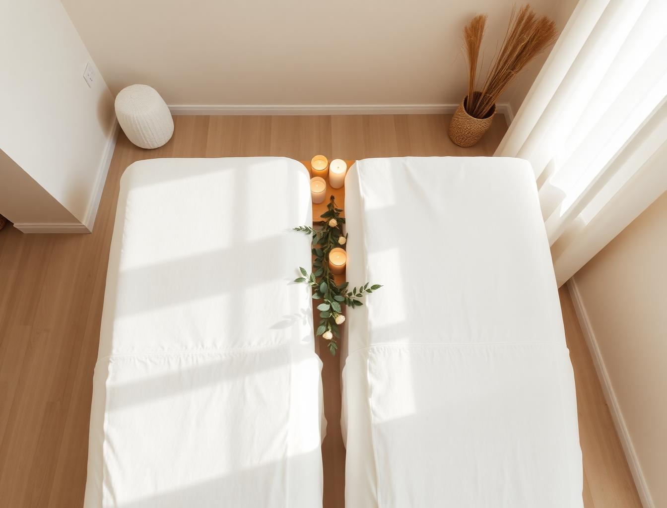 Candlelit couples massage room prepared for a shared evening appointment