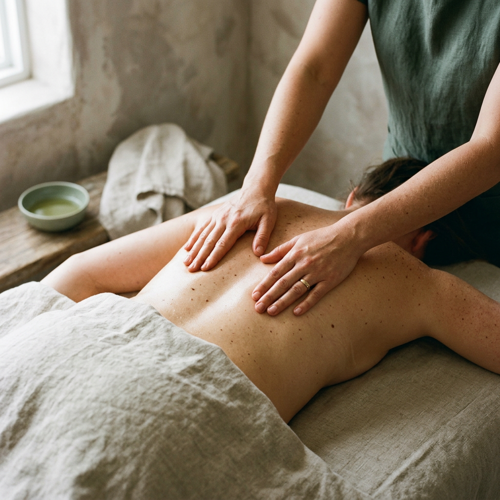 Therapist applying sustained deep tissue pressure along a client's back during a session at Azalea Spa in San Antonio