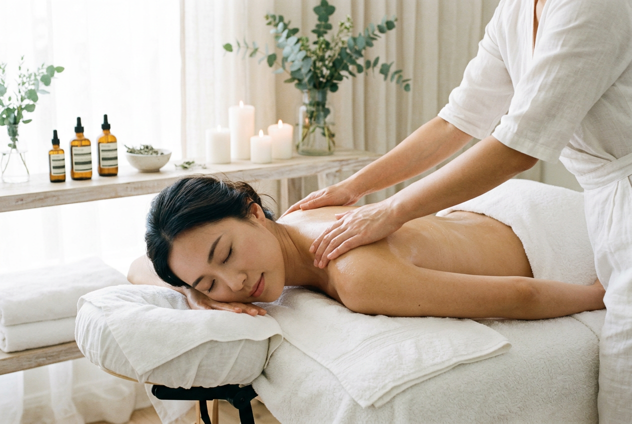 Bright, calm treatment room arranged with extra bolsters for side-lying comfort