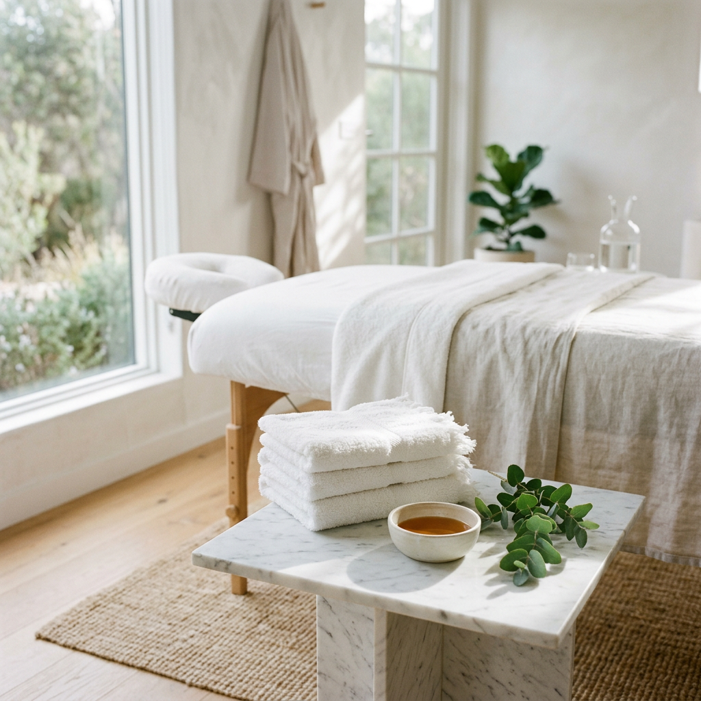 Marble and eucalyptus treatment setting used for detox and drainage sessions